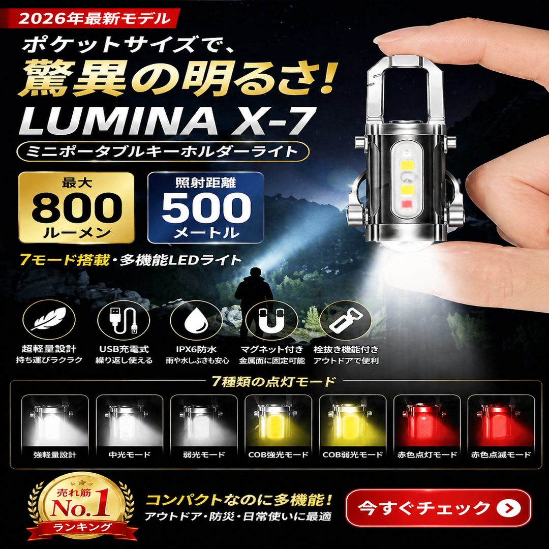LUMINA X-7【2026年最新進化版】米軍採用クラスの驚異の明るさ！10000ルーメン超・最大照射距離2000m。夜闇を昼間に変える「LUMINA X-7」— 防災・停電・防犯、これ一本で全てを解決。