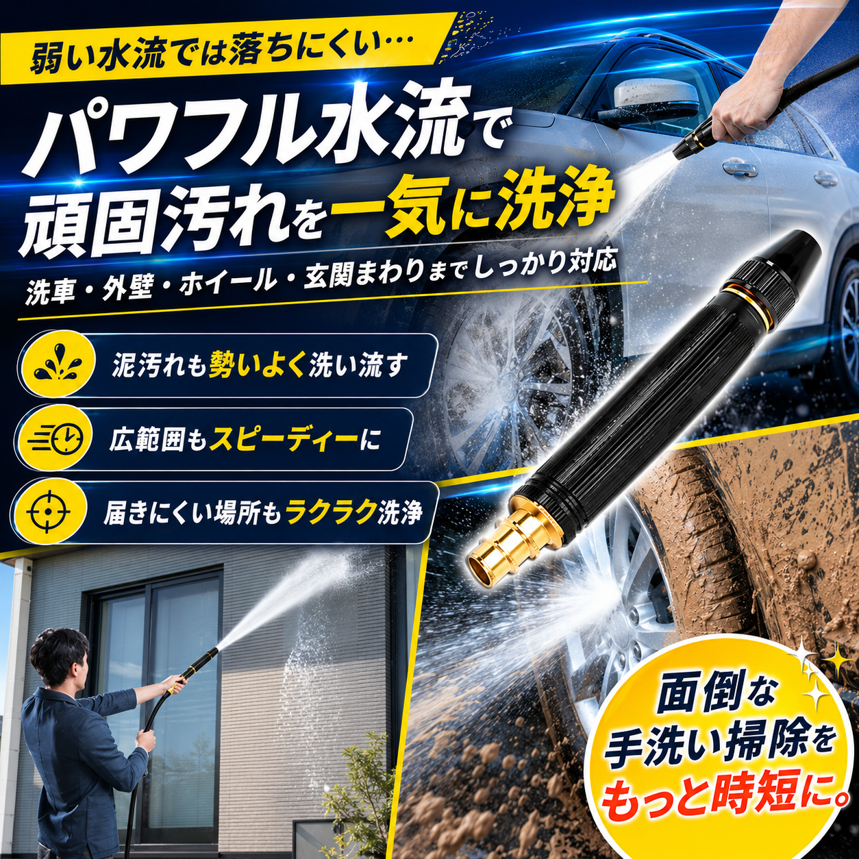 水圧ブラッシュジェット™ HD 水道ホースが高圧洗浄に変わる！洗車・玄関・ベランダの頑固汚れを時短でスッキリ